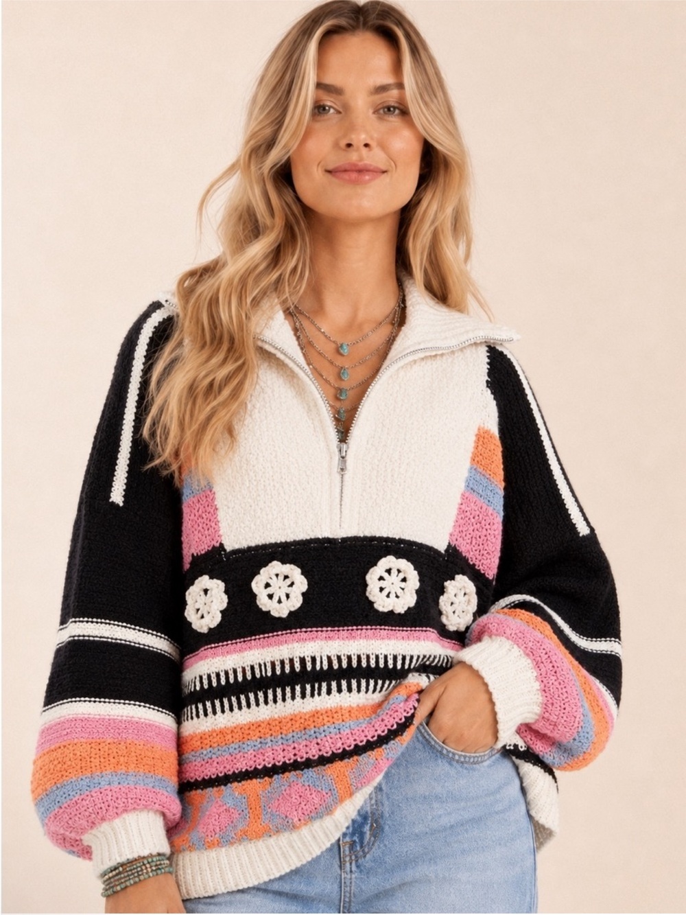 Cozy Colorblock 1/2 Zip-Front Black& Cream w/Pink,Blue & Orange Crochet Sweater